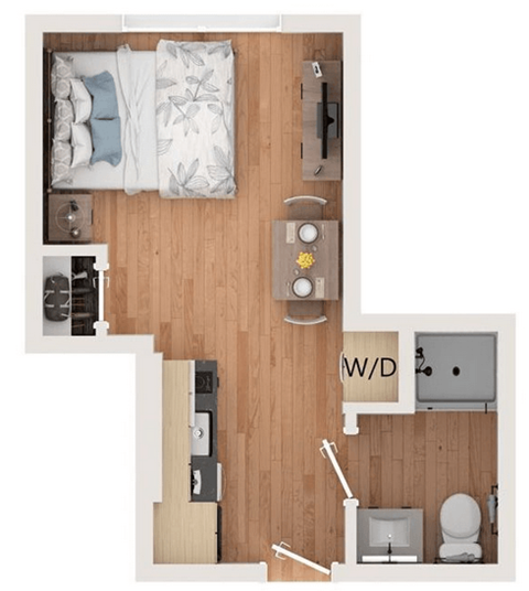 A top down view of a bedroom with a bed, nightstand, and a toilet.